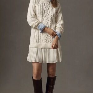 Anthropologie Delphine Sweater Twofer Mini Dress Eggnog Cream Cable Knit Sz L